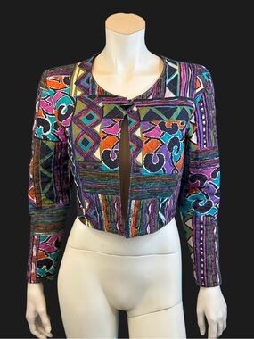 80s 90s IKAT Cropped Quilted Patchwork Bolero Jacket | S XS